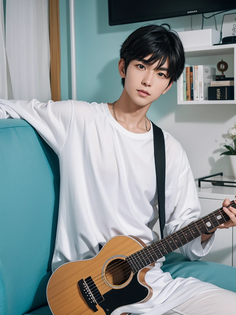 Create images with 8k clarity.,
It&#39;s a virtual image., High definition photos, 
It is a 180 degree wide viewing angle., 
It is a picture of a 30 year old young man., 
Good looks, white skin, white face, 
I am half Thai and half South Korean., 
Keep your hair in a low style., 
Have cute bangs., 
South Korean singer style, 
sitting and playing a red acoustic guitar, 
At the blue sofa in the modern bedroom., 
pastel tones