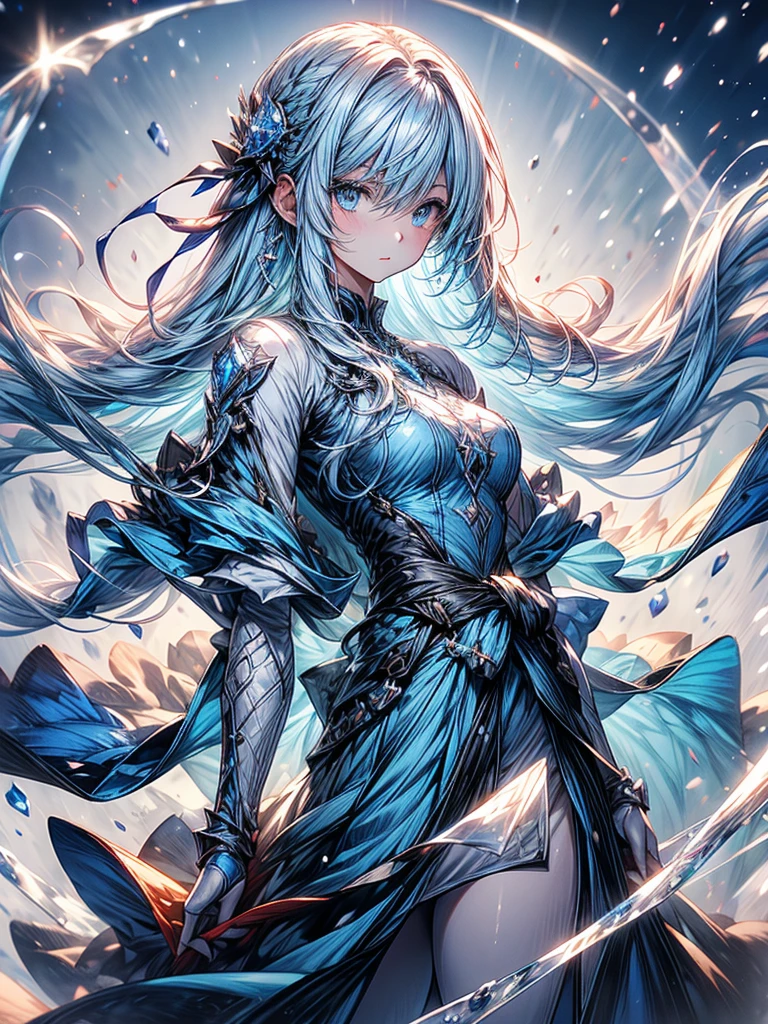 One beautiful woman、whole body、Standing posture、front、Transparent light blue hair、crystalのように輝く髪、Blue eyes that shine like jewels、Combat Uniform、Have a weapon、Slender、Slender、Highest quality、Super detailed、masterpiece、crystal、Ice and snow effect
