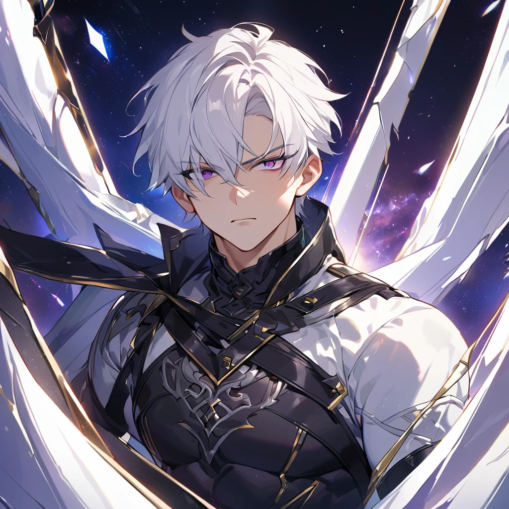 High quality, HD, 4k, handsome male, 1male, 17 years old, teenager, golden lining, short white hair, sharp eyes, dark purple eyes, deep purple eyes, devil may cry, close up, calm expression, stoic expression, black leather clothes, white leather clothing, lean and muscular body, full body, looking at viewer, cowboy shot, white solar, space background