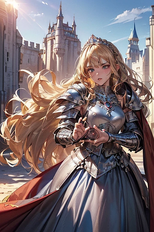 #Basics A girl is posing for a photo, animeのかわいい女の子, (((One Girl, Baby Face, Young girl, 16 years old))), 
BREAK 

#Clothing Accessories 
((Silver and Blue)Quinceañera(Long skirt dress)Armor of:1.6) + (Red gemstone embedded(Silver and Blue)Breastplate:1.6), (Black Gauntlet:1.6), (Red cape with shoulder pads:1.6), (Silver and Blue)Combat Boots:1.4), (Has a big sword:1.4 
((Luxury Silver Bracelets, large silver necklace, Silver Tiara)), 
BREAK 

#Features 
(((Blonde:1.6)), Bangs that expose the forehead:1.4, Chest-length sideburns:1.4 + Curly hair:1.4, (Long Hair : Long Hair + Curly Hair + Curled up + Plump and voluminous + very thick hair + Large black ribbon)), 
(Droopy eyes,blue eyes), (Small breasts), 
BREAK 

#expression 
(Glaring, Screaming, Angry), 
#background environment 
((noon, Sunshine + Castles in a fantasy world:1.4)), 
#composition 
((To the camera:1.4, Dynamic Pose:1.4, Cowboy Shot:1.4)), 
BREAK 

#Body parts elements 
(Detailed hair, Beautiful Hair, Shiny Hair), 
(double eyelid, Long eyelashes), 
(Expression of fine eyes, Beautiful and delicate eyes, Sparkling eyes, Eye Reflexes), 
(Human Ear), 
(Beautiful Nose, Thin Nose), 
(Glossy lips, Beautiful Lips, Thick lips), (Symmetrical facial features), 
(Detailed skin, Textured skin, Beautiful Skin), 
BREAK 

#Quality 
(((Highest quality)), ((masterpiece)), ((Very detailed))), ((High resolution), (16K,1080P)), 
(Realistic), (Anatomically correct), 
((comics, anime)), (3DCG), CG illustration,
