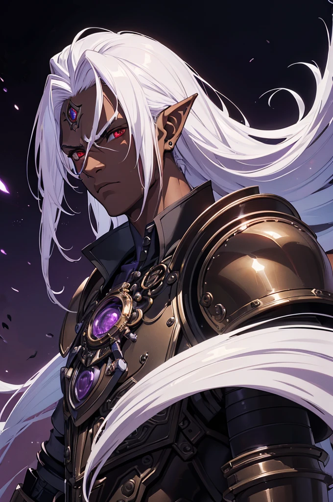 ((best quality)), ((masterpiece)), (detailed), ((boy)), ((mechanical armor)), (steampunk), (serious), dark skinned, human, upper body, portrait, red eyes, long white hair, Xemnas from Kingdom Hearts, half-drow, pointy ears, serious face, dramatic lighting, purple hue, art by Kinema Citrus and Tetsuya Nomura