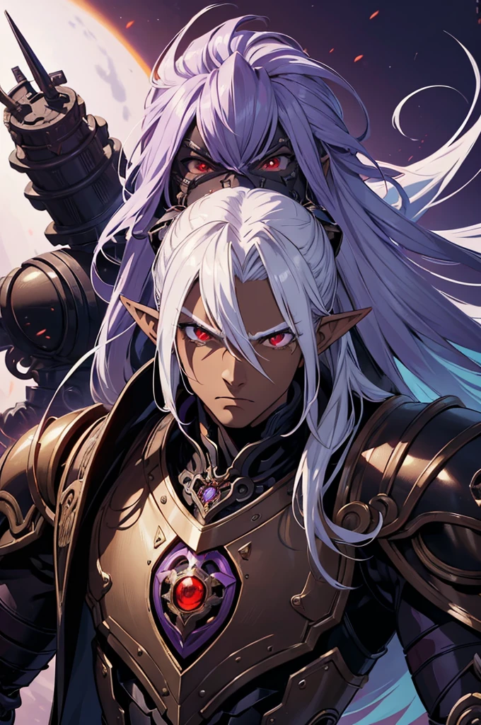 ((best quality)), ((masterpiece)), (detailed), ((boy)), ((mechanical armor)), (steampunk), (serious), dark skinned, human, upper body, portrait, red eyes, long white hair, Xemnas from Kingdom Hearts, half-drow, pointy ears, serious face, dramatic lighting, purple hue, art by Kinema Citrus and Tetsuya Nomura