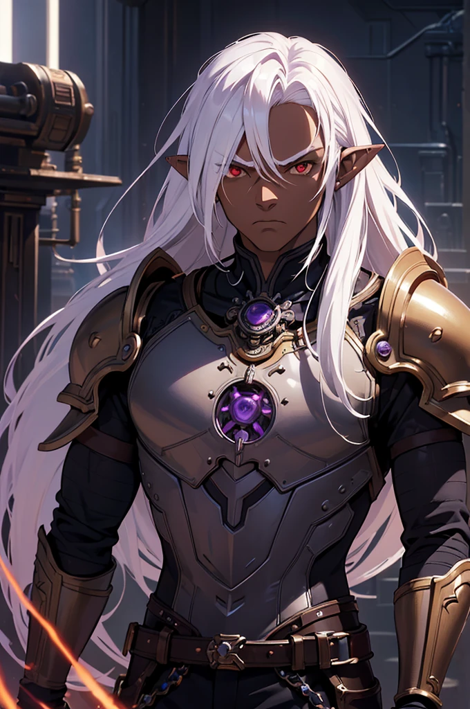 ((best quality)), ((masterpiece)), (detailed), ((boy)), ((mechanical armor)), (steampunk), (serious), dark skinned, human, upper body, portrait, red eyes, long white hair, Xemnas from Kingdom Hearts, half-drow, pointy ears, serious face, dramatic lighting, purple hue, art by Kinema Citrus and Tetsuya Nomura