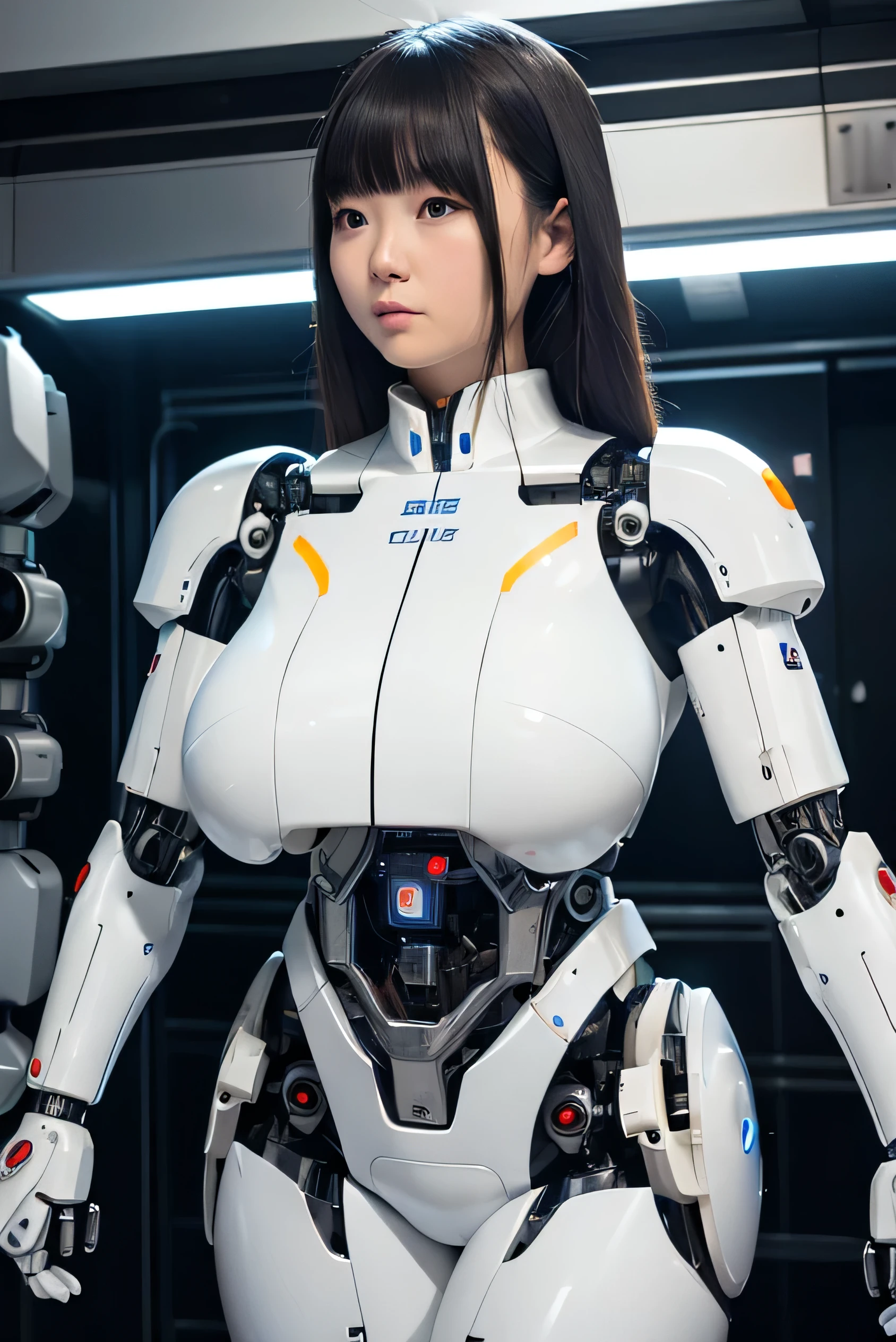 masterpiece, Best Quality, Extremely detailed, Japaese android girl,Plump,control panels,android,Droid,Mechanical Hand, ,Robot arms and legs, Black hair,Mechanical body,Blunt bangs,White Robotics Parts,perfect robot woman,Charging spot,Long Tube,A thick cable was connected to her neck,ceramic body ,Mechanical body,android,robot humanoid,a bit chubby,fat,perfect mechanical body,white robotics body,future laboratory,android factory,white and blue uniform,costume with blue accents,