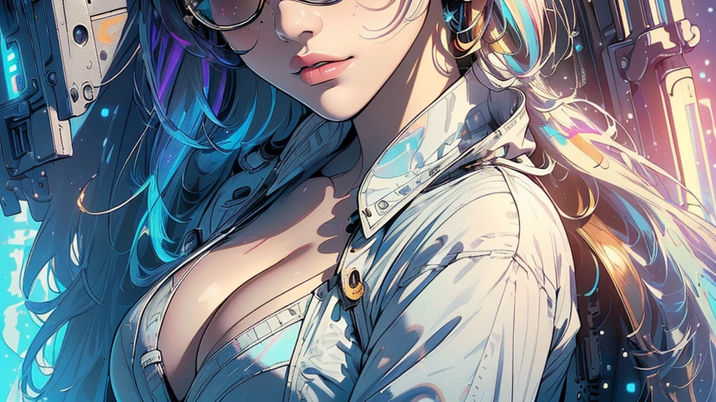 (((masterpiece, highest quality))),(((solo:1.2))),(((1girl:1.2))),32k wallpaper, very detailed,(((((portfolio))))),(((((Close-up))))),(((((bust up))))),((((more various angle)))),(((highlight))),((((heterochromia)))),(((complete. detailed face))),((((Extremely talented)))),((((Wonderfully detailed complicated machine)))),((((genius mechanic)))),((Overall colorfully)),(((futuristic galaxy))),(((perfect clear skinn))),(((Cleavage))),(((sunglasses))),(((reflection neon)))