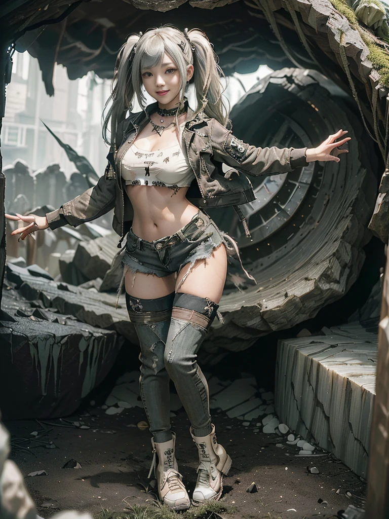 (Full Body View:1.4)、(Side view:1.2)、(Hostess:1.3)、(Smiling with teeth showing:1.3),(Shibuya Gal:1.5)、(y2k woman:1.4)、(Lolita Fashion:1.5)、(Punk RockVisual Kei:1.4)、(A modern short jacket in dark brown and moss green.:1.5)、(Tattered brown and charcoal denim low rise pants:1.5)、(Mustard Yellow Headband:1.3)、(Charcoal and khaki striped knee socks:1.4)、collar、(Brown platform long boots)、(Clothing with logo pattern:1.4)、20-year-old、NSFW,((Highest quality、In 8K、masterpiece:1.3))、Sharp focus:1.2、(Layered Cut、Beautiful boobs:1.1),Beautiful woman with perfect figure:1.4、(Doing an aerobics pose:1.3)、(Open legs:1.3)、(Raise your arms:1.2)、(Open your crotch:1.3)、Slender Abs:1.2、Butt、Highly detailed face and skin texture、Detailed eyes、double eyelid,(Twin tails:1.3)、(Cream colored hair:1.3)、Dynamic Pose、Obscene pose、Humiliating pose、Gravure idol、(Inside a beautiful cave surrounded by crystals:1.3)、(Make your legs thinner:1.4)、(Slim body:1.3)、(clavicle:1.1)、(Thin thighs:1.3)