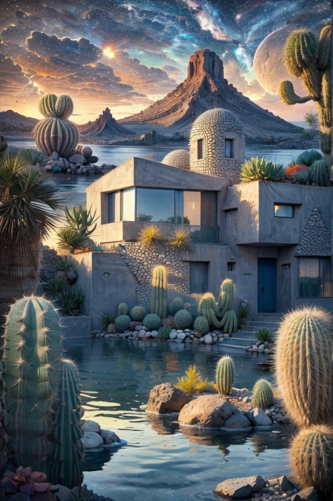 An illustration, collage style, David Hockney visual style, (((Luis Barragán's architectural style houses in middle of a lake))), big boulders, little cascade, mountains, volcanos, volcanic landscape, pool, stairs, beautiful gardens, abundant vegetation, cacti, agave, big clouds, sunset. Magazine cover, serif tipography, editorial design, masterpiece, An illustration in collage style, con rocas gigantes, Brutalist construction sections, escaleras, cactus, agave, textura de concreto, Multiple geometric shapes, hatch and cross hatching, planeta Saturno. ((masterpiece, best quality)),illustration,ultra detailed 8k. (((An illustration of a build designed by Luis Barragán))), with a desertic vegetation garden, (big rocks), ((cacti)), lake, volcano in horizon, smooth clouds, (((illustration collage format))), ((Escher's art style)), (((multiple sections))), (violet, blue, olive green, grey, black and white), hard shadows, (((geometric sculptures))), concrete sculptures, high contrast, dramatic, cinematographic, ((milky way galaxy)), intricate, intricate details, sharp focus,landscape