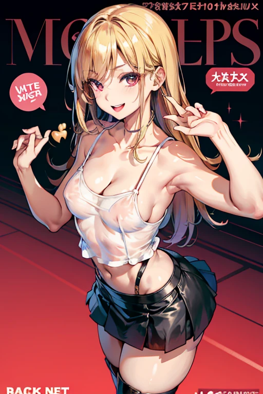 (small breasts:1.2), (perky chest:1.2), (pointed chest:1.2), (Pudding cake magazine cover:1.3),(from above:1.0),(shoot from the side:1.1),masterpiece, 1girl, Amazing Cleavage:1.1, thin waist, optimum,tmasterpiece,hight resolution,best qualtiy,hyper HD,super detailing,awardwinning,a 18yo cute girl,(The upper part of the body),anatomy correct,Beautiful Black miniskirt,garters,Gaze,Small face,bangss,holster,Beautuful Women,hands up,leg holster,Gaze,black boots,Cowboy Shot,cute face,a blond,Longhaire,Twin-tailed,Braids, Hairline,(scarlet eyes),long eyelasher,Hanging eye corners,White skin of the, ((see through camisole:1.1)), ((Sheer nipples:1.0)),Rocket Tits,(Slim body),smile,seductive weak smiling,(with sparkling eyes and a contagious smile),little open mouth, Looking at Viewer,