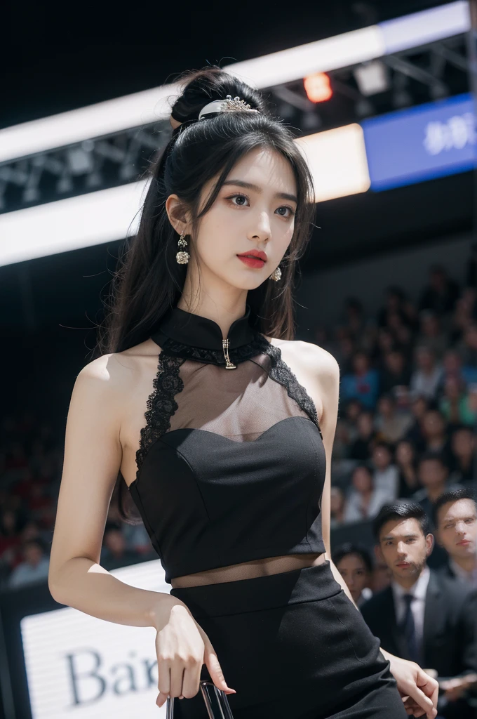 1girl,bangs,bare arms,collar,lace,see through,maxi white cheongsam,detailed background,detailed eyes,(dark black skin:1.5),earrings,upper body,jewelry,slim,flat chest,ponytail,headdress,looking at viewer,makeup,night scene,red lips,signature,laughing,solo,standing,slender legs,pantyhose,high heels,On the T-stage,catwalk,fashion show,Surrounded by crowded crowds on both sides of the stage,neon lights,from front
