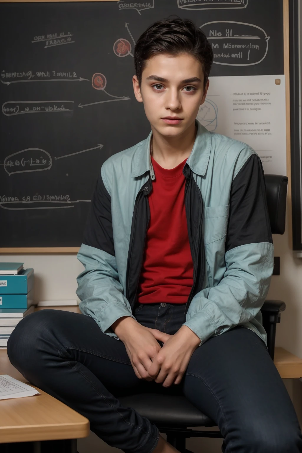 A beautiful young twink, cute male, with black hair and a face with makeup. He is wearing a long-sleeved aquamarine shirt and black jeans. He is in his luxurious scientific office, and behind him is a blackboard with neurons and calculus written on it, and he looks in amazement and shock with his eyes beneath it.  Dark circles, and he has a red face with makeup on as he sits in his office studying human medicine.