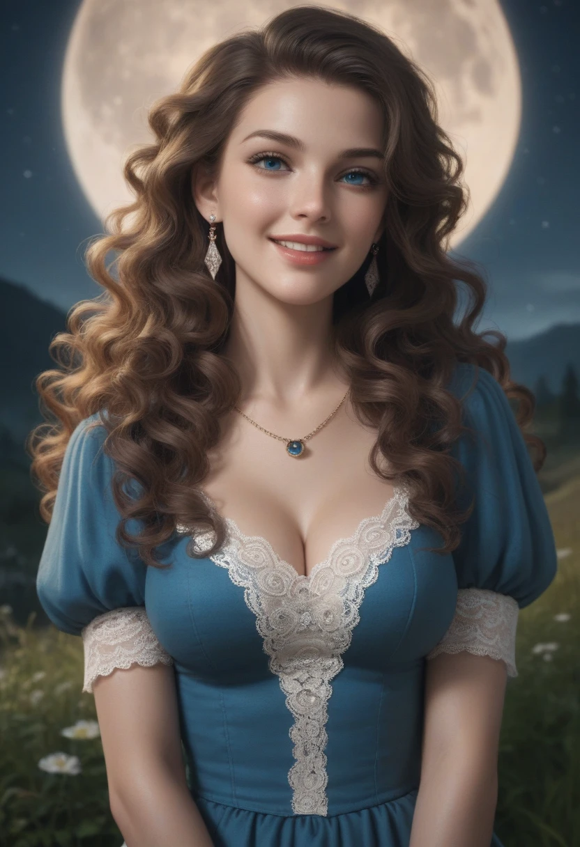 score_9, score_8_up, score_7_up, score_6_up, rating:safe, 1girl, solo, black_hair, wavy_hair, jewelry, dress, blue_eyes, earrings, (long_hair:1.5), looking_at_viewer, curly_hair, upper_body, lips, lace, blue_dress, (night:1.3), cxqz8r, medieval_dress, medieval_landscape, fullmoon, rpg, evil_smile, narrow_waist, (skinny:1.3), (pale_skin:1.2), open_mouth, (oral_invitation:1.2)