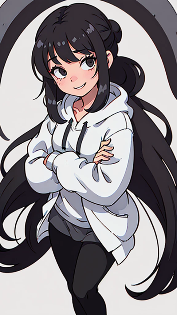 cute girl with long black hair in a bun wearing an oversized grey hoodie smiling shyly. White background. fullbody. no clipping.