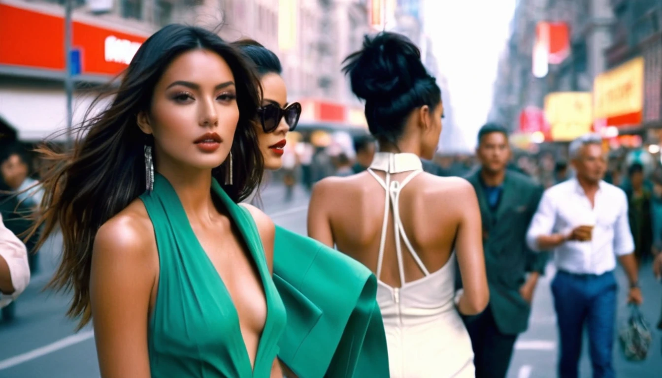 middle ground camera view of many kind of beautiful females walking on the street wearing very sexy short dresses and deep cleavaged futuristic fashion clothes,They are walking in a pedestrian street in a megacity at morning time. Males are wearing suits or t-shirt with blue jeans. In the heart of the dysoptian futuristic megacity there are street vendors, candelabra, benches on which people sit, colorful signs, cables.The people have photorealistic faces and bodies, detailed facial features, perfect eyes and mouthes and skins with real human hands, rule of thirds.Different futuristic high tech vehicles. Different styled buildings cover the side of the futuristic street, the natural light of the sun illuminates at daytime. Bustling megacity with many skyscrapers in the background, Natural lights, neutral colors, lomochrome, vintage color tones, dramatic, dynamic composition.Lifelike textures, sharp focus, depth of field, cinematic lighting, Contrast lighting, volumetric lighting, best shadows,sharp focus, depth pf field, photorealism, Realism, Cinematic, Photoreal, 35mm film Screengrab a Super Panavision film, in color. best quality , hdr, uhd, 8k, 35 mm film, analog camera shot.
