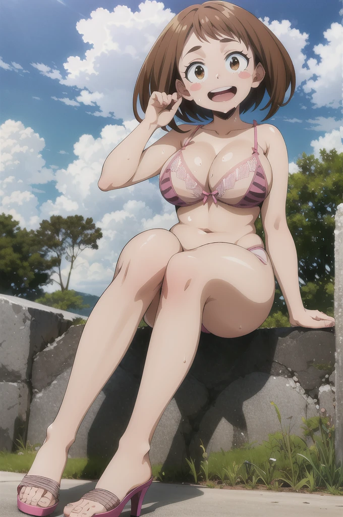 masterpiece, best quality, highres, hmochako, blush stickers, short hair, large breasts, pink lingerie bikini, open-toe high heels, fishnet stockings, smile, open mouth, hot sunny sky, posing, legs spread apart, sweating, chubby