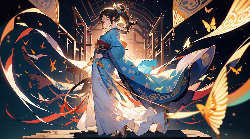 Official Art，unity 8k wallpaper，Super detailed，Beauty and aesthetics，masterpiece，Highest quality，(masterpiece，The best quality at its best，Super Detail，da pintura)，Enlighten，Fine details，(Illustration poster)。Girl in kimono，Detailed face、Beauty、Delicate skin，(Full Body Lesbian:1.2)，ウエストdrum，drum，Large Eyes，fly in the sky，Dynamic posture，strap，Open your eyes，Beautiful lighting，The body is being given careful attention，The details are complicated，High detail，spooky，Lighting is unobtrusive，Detailed shining beauty，Deep Shadow，Natural soft light，Dunhuang culture，Play music，fly in the sky，Fluttering Silk，Black background