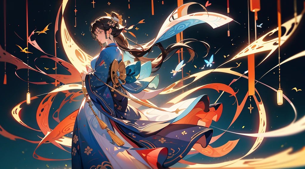 Official Art,unity 8k wallpaper,Super detailed,Beauty and aesthetics,masterpiece,Highest quality,(masterpiece,The best quality at its best,Super Detail,da pintura),Enlighten,Fine details,(Illustration poster)。Girl in kimono,Detailed face、Beauty、Delicate skin,(Full Body Lesbian:1.2),ウエストdrum,drum,Large Eyes,fly in the sky,Dynamic posture,strap,Open your eyes,Beautiful lighting,The body is being given careful attention,The details are complicated,High detail,spooky,Lighting is unobtrusive,Detailed shining beauty,Deep Shadow,Natural soft light,Dunhuang culture,Play music,fly in the sky,Fluttering Silk,Black background