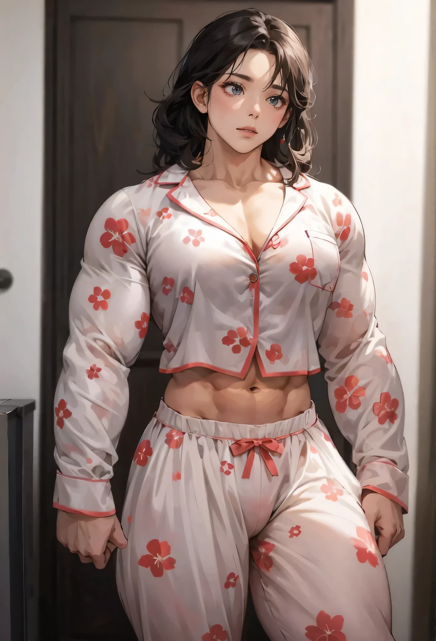 floral pajamas,abs,pecs,muscular female,muscular girl, alternate muscle size, best quality,masterpiece