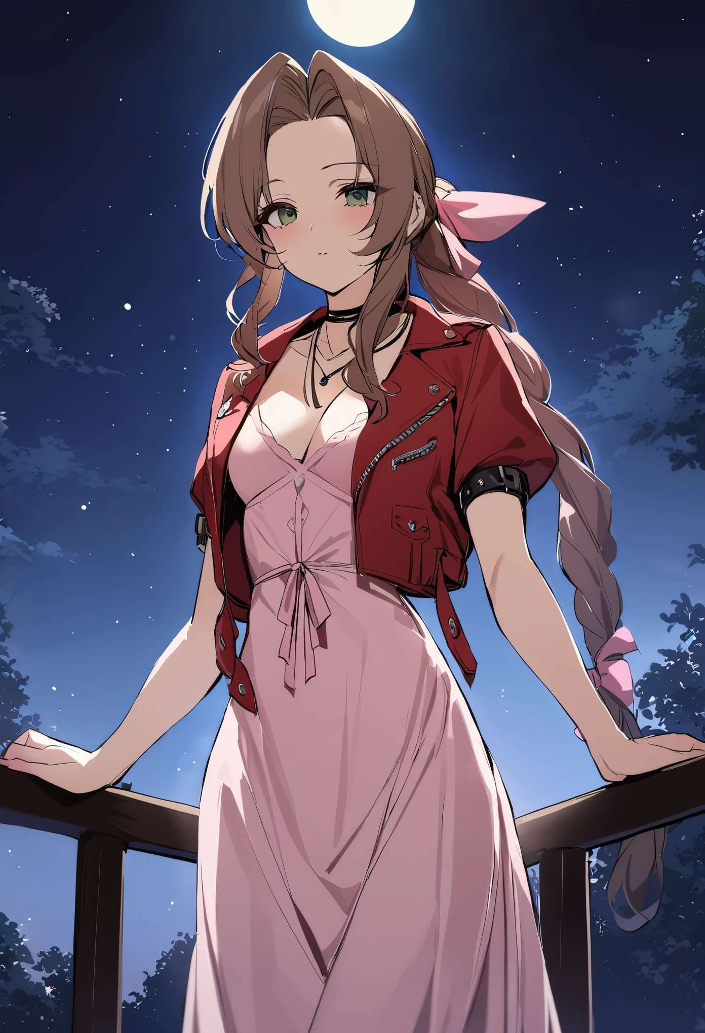 masterpiece, best quality, 1girl, solo, defaerith, braided ponytail, pink hair bow, choker, necklace, cropped jacket, red jacket, short sleeves, pink dress, long dress, night, night sky, moon, moon light