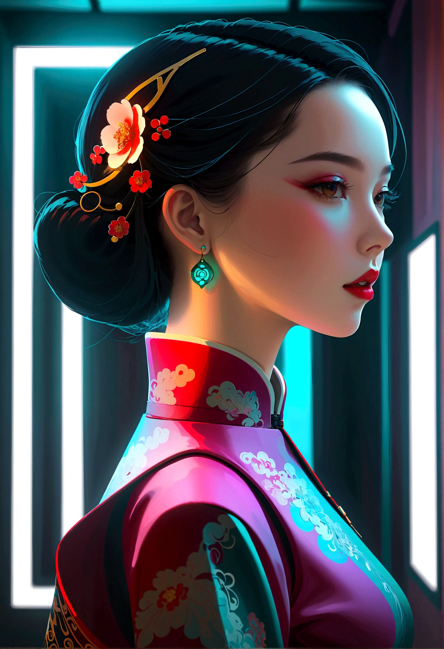 A girl, Chinese Cheongsam,Hair accessories, Vibrant colors, Gorgeous accessories,Avant-garde makeup,Futuristic hairstyle,Confidence and determination,Dynamic Lighting,Neon,Holographic projection,city environment,high-tech products,Cyberpunk,Impressive cybernetic enhancements,Be focused,detail, Overclocking, Rim Light, Fine light, masterpiece, 超级detail, Epic Works, Ultra HD, high quality, 32k