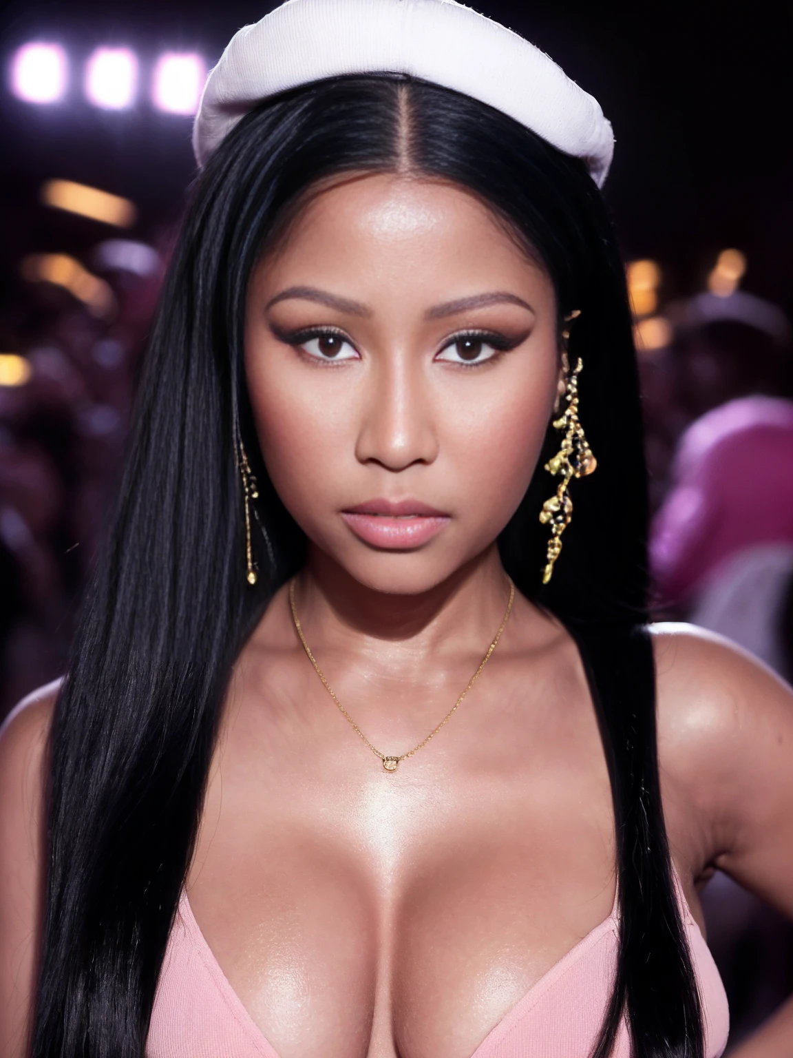 ((THE GIRL IS NICKI MINAJ 1.5)), ((NSFW 1.3, PORN 1.3, NAKED 1.3, EXPOSED VAGINA 1.2, EXPOSED BREASTS 1.2)), ((Nicki Minaj is a famous rapper 1.2, lots of bling 1.2 1.2, lots of jewelry 1.2, holding lots of dollar bills 1.2, gold chain necklace 1.2, designer cap full of jewels 1.2)), ((FULL BODY SHOT 1.3)), ((20 year old girl 1.2, naughty seductive smile 1.2)), ((beautiful light brown woman 1.2, short shoulder length hair 1.2, short and curvy girl 1.2, very curvy body 1.2, voluptuous 1.2)), ((big breasts 1.2, very wide hips 1.2, curvy figure 1.2, extremely alluring figure 1.2)), ((perfect cleavage 1.2, perfect ass 1.2, perfect feminine body 1.2, perfect curvy proportions 1.2)), (masterpiece, best quality:1.2), 1girl, solo, (best quality,4k,8k,high resolution,masterpiece:1.2), realistic (1.37) girl, ((hyper realistic 1.2)), ((highly detailed face 1.2, Detailed facial features 1.2)), ((showing her ass to the viewer 1.2, twerking 1.2, dynamic action pose 1.2))), ((club 1.2, dance floor in a night club 1.2, disco lights 1.2, surrounded by dancing people 1.2))