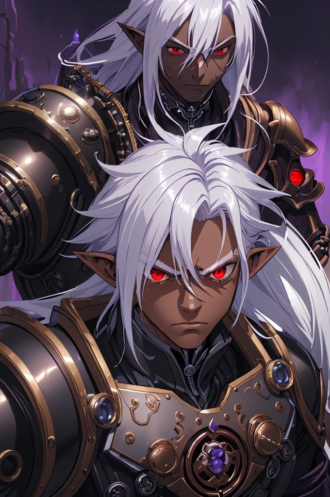 ((best quality)), ((masterpiece)), (detailed), ((boy)), ((mechanical armor)), (steampunk), (serious), dark skinned, human, upper body, portrait, red eyes, long white hair, Xemnas from Kingdom Hearts, half-drow, pointy ears, serious face, dramatic lighting, purple hue, art by Kinema Citrus and Tetsuya Nomura