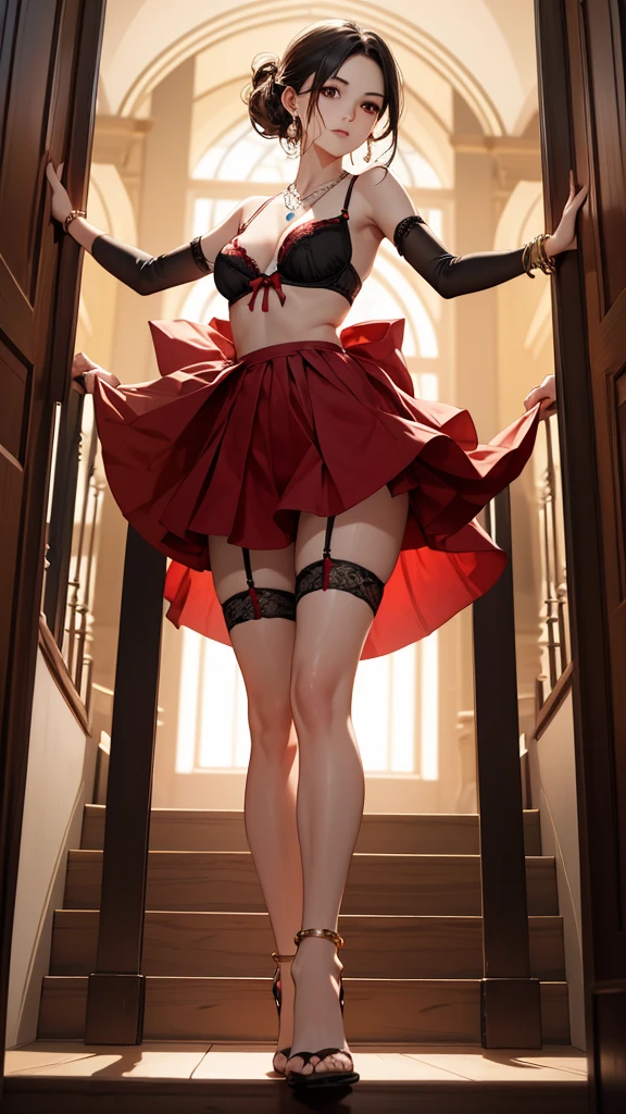 ((Biologically correct limb count))、((Full Body Shot, Full-body photo including face、Head to toe photos))、4K、masterpiece、((Focus on the face))、((Symmetrical facial features))、Eyes of meticulous depiction、One beautiful woman、Excellent style、（(Red panties and bra、Black garter stockings、High heels with anklets、lingerie)）、Detailed Description、Small earrings、necklace、Looking back while climbing stairs、High angle、Looking up