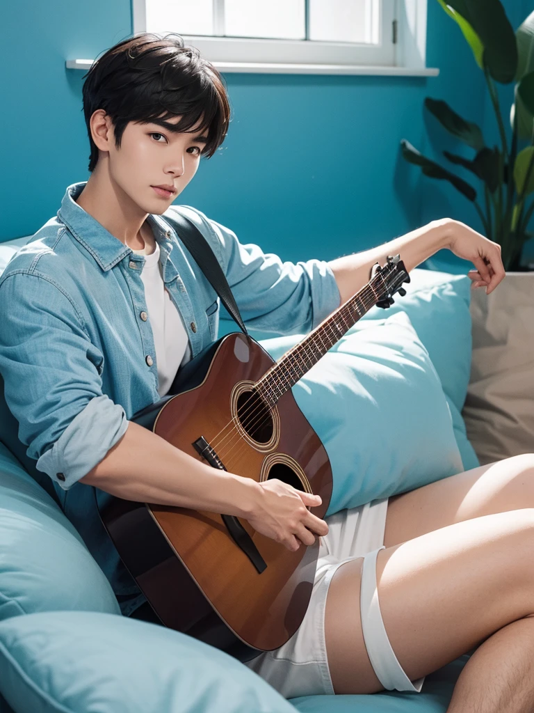 Create images with 8k clarity.,
It's a virtual image., High definition photos,
It is a 180 degree wide viewing angle.,
It is a picture of a 30 year old young man.,
Good looks, white skin, white face,
I am half Thai and half South Korean.,
Keep your hair in a low style.,
Have cute bangs.,
South Korean singer style,
sitting and playing a red acoustic guitar,
At the blue sofa in the modern bedroom.,
pastel tones