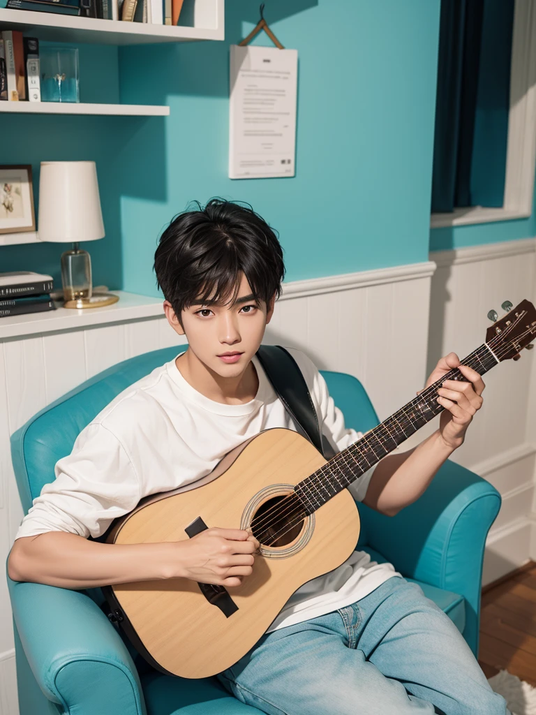 Create images with 8k clarity.,
It's a virtual image., High definition photos,
It is a 180 degree wide viewing angle.,
It is a picture of a 30 year old young man.,
Good looks, white skin, white face,
I am half Thai and half South Korean.,
Keep your hair in a low style.,
Have cute bangs.,
South Korean singer style,
sitting and playing a red acoustic guitar,
At the blue sofa in the modern bedroom.,
pastel tones