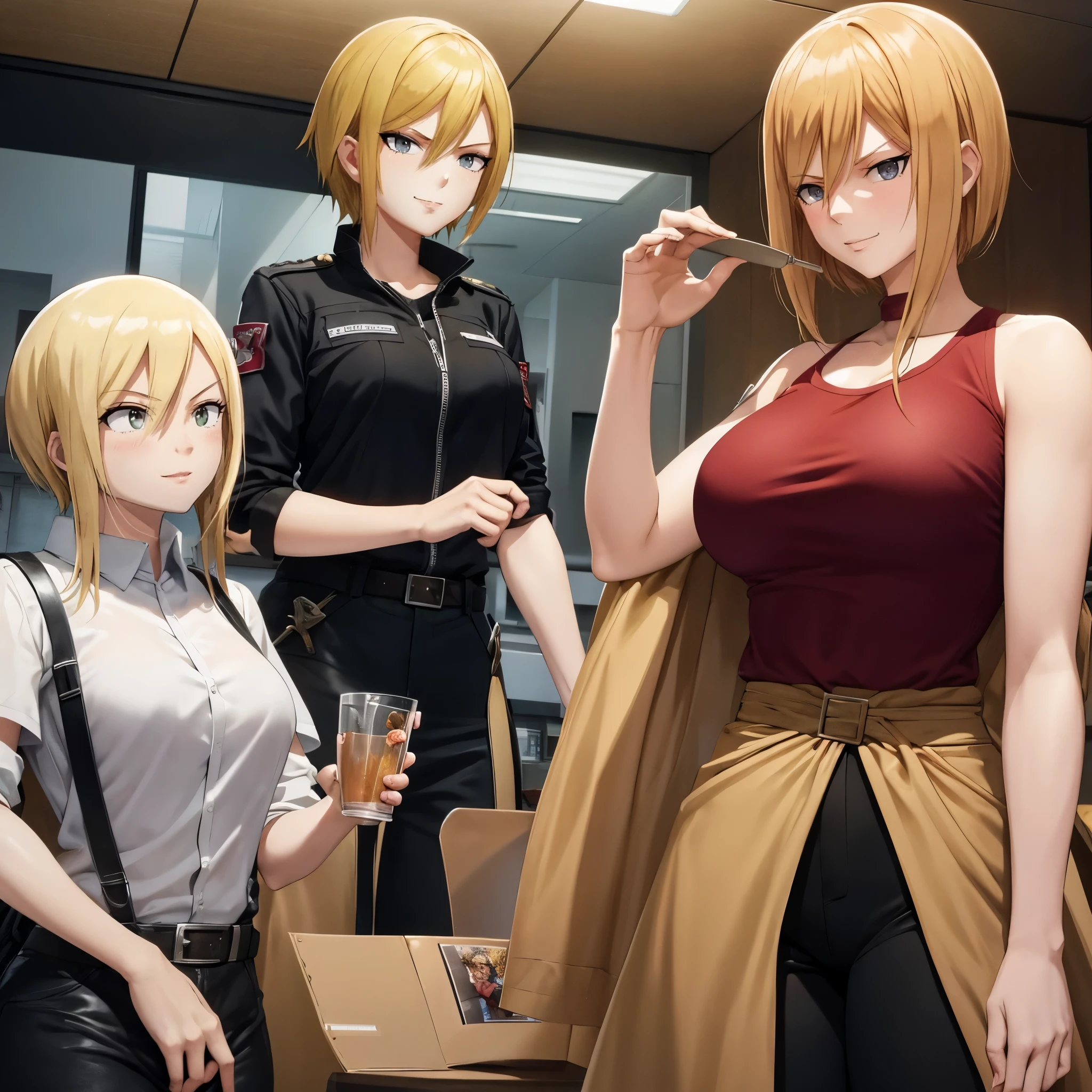 Your influencer character(milf with blond hair) standing next to Mikasa Ackerman from Attack on Titan. Both are smiling. Detailed anime style with vibrant colors and dynamic perspective.