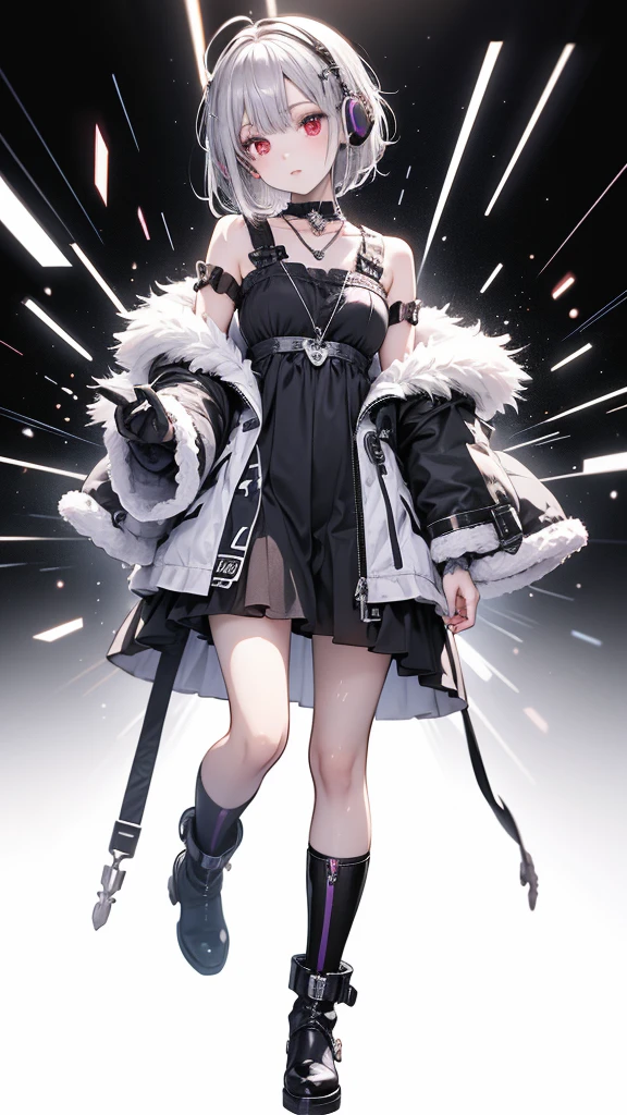 4k anime wallpaper, 4k anime wallpaper, Anime Art Wallpapers 8K, 4K Anime Style, anime art wallpaper 4k, anime art wallpaper 4k, 4k anime wallpaper, Eugeo Art, Detailed digital anime art, ((masterpiece, Highest quality)), (Complex Light), Perfect hands, Perfect Eyes、Perfect legs、Hyper Detail, Bright colors, beautiful girl、cyber punk、Silver short hair, Pause, headphone, Red eyes, Tempting, Half coat on, Off the shoulder、Knee-high、boots, colorful, neon、See-through、My clothes are wet、Japanese anime style.