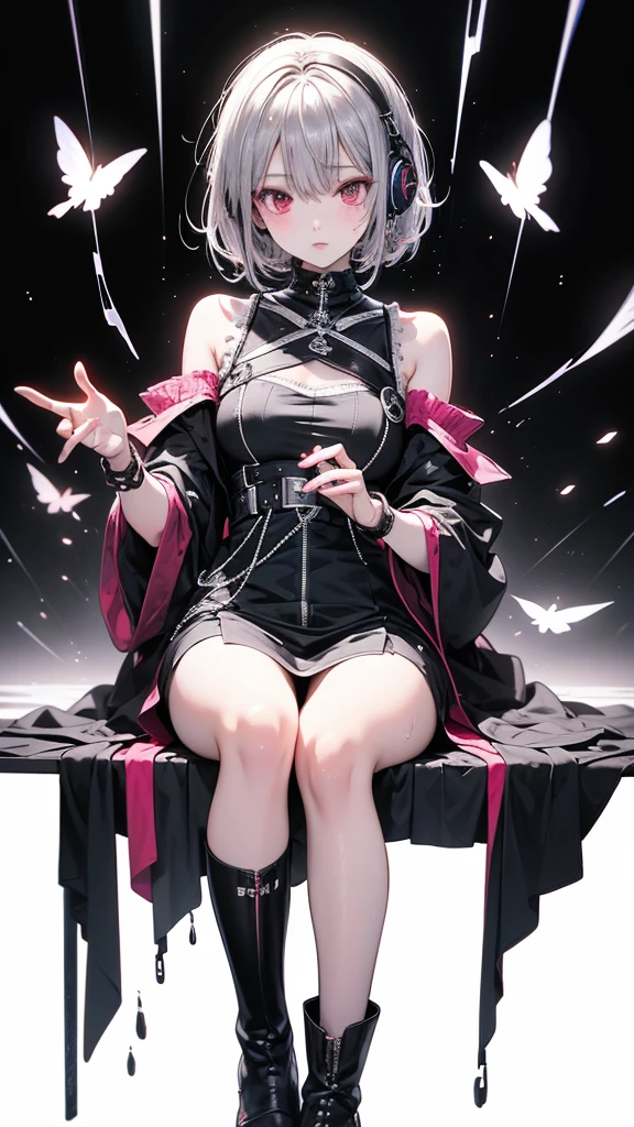 4k anime wallpaper, 4k anime wallpaper, Anime Art Wallpapers 8K, 4K Anime Style, anime art wallpaper 4k, anime art wallpaper 4k, 4k anime wallpaper, Eugeo Art, Detailed digital anime art, ((masterpiece, Highest quality)), (Complex Light), Perfect hands, Perfect Eyes、Perfect legs、Hyper Detail, Bright colors, beautiful girl、cyber punk、Silver short hair, Pause, headphone, Red eyes, Tempting, Half coat on, Off the shoulder、Knee-high、boots, colorful, neon、See-through、My clothes are wet、Japanese anime style.