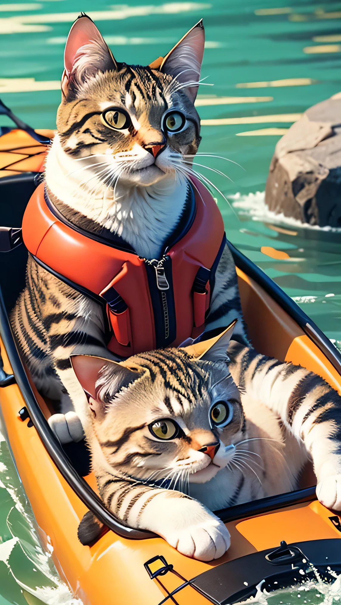 A cat wearing a life jacket is sitting in a kayak. The cat is holding a paddle with both paws, and water splashes are rising around it.