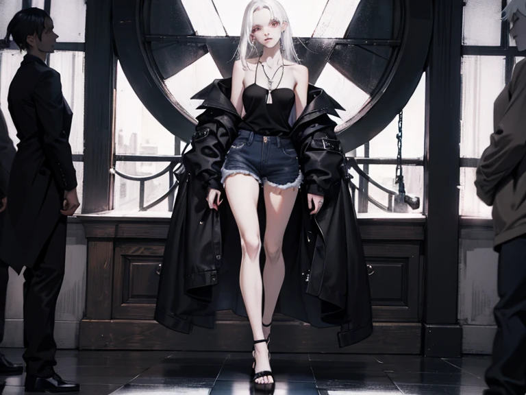 ((full body:1.4)),(black clothing:1.3).Cute 18 yo (albino:1.4)woman of Slavic descent.(short:1.1), , long white hair, gray eyes, ((very pale:1.4)). Innocent look. Gentle spirit.(virgin), (black tank top, jeans,), necklace, (black Mary Janes with straps).(joy),((smile)).Masterpiece, best quality(highly detailed:1.2),(detailed face and eyes:1.2), depth of field, 8k wallpaper, studio lighting, core shadows, high contrast, bokeh.