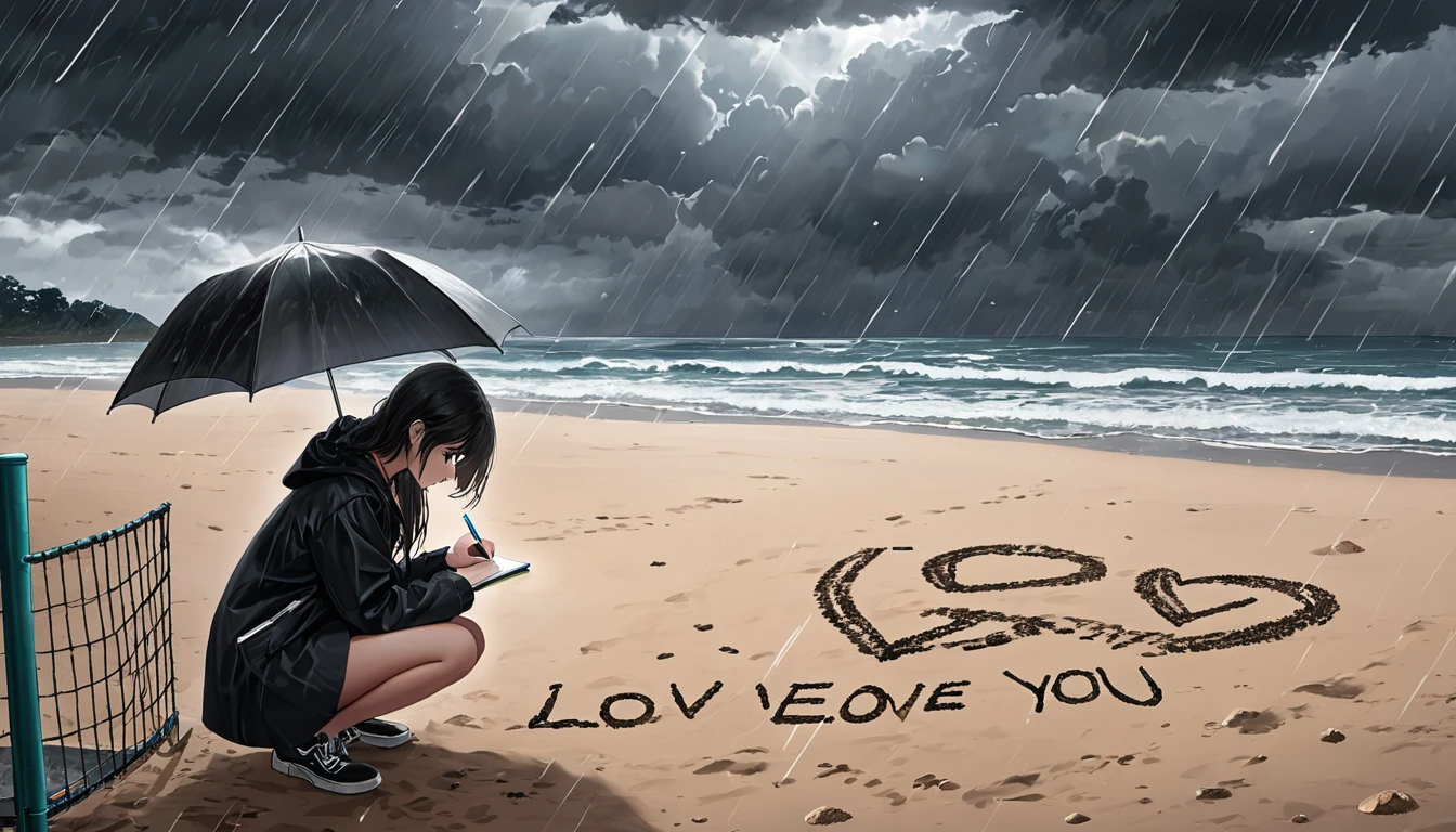 A dark, rainy and cloudy day with the sky full of dark clouds. A girl is crouching on the playground, holding an umbrella in one hand and writing i love you in the sand with her other hand.