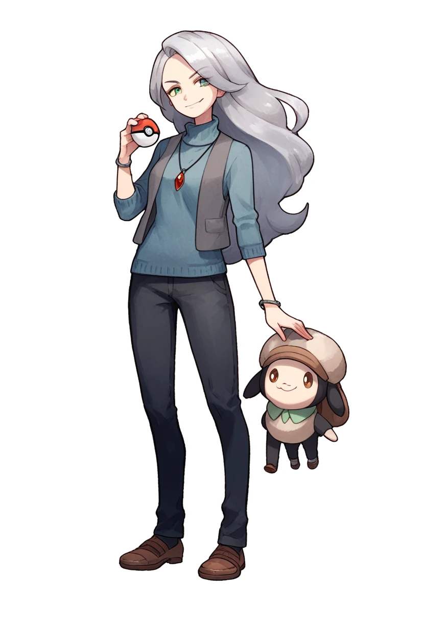 ((((white background)))), simple background, watercolor, 1 girl, standing, long hair, silver hair, light skin, smug green eyes, front view, a gray vest, under blue sweater, black pants, bracelets, brown shoe, holding a pokeball, score_9, score_8_up, score_7_up, pendant, score_6_up, score_5_up, score_4_up, BREAK anime_source, masterpiece