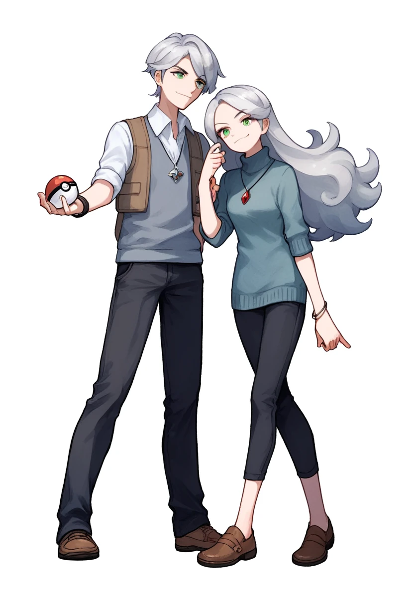 ((((white background)))), simple background, watercolor, 1 girl, standing, long hair, silver hair, light skin, smug green eyes, front view, a gray vest, under blue sweater, black pants, bracelets, brown shoe, holding a pokeball, score_9, score_8_up, score_7_up, pendant, score_6_up, score_5_up, score_4_up, BREAK anime_source, masterpiece