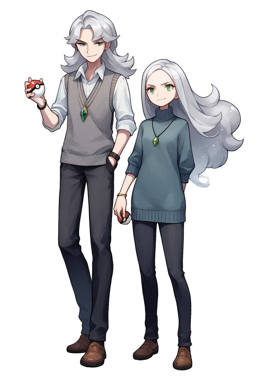 ((((white background)))), simple background, watercolor, 1 girl, standing, long hair, silver hair, light skin, smug green eyes, front view, a gray vest, under blue sweater, black pants, bracelets, brown shoe, holding a pokeball, score_9, score_8_up, score_7_up, pendant, score_6_up, score_5_up, score_4_up, BREAK anime_source, masterpiece