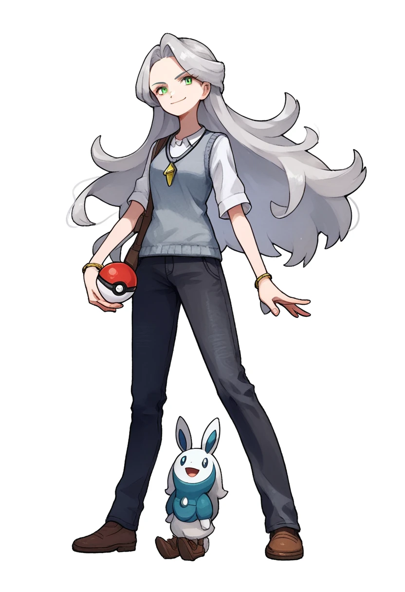 ((((white background)))), simple background, watercolor, 1 girl, standing, long hair, silver hair, light skin, smug green eyes, front view, a gray vest, under blue sweater, black pants, bracelets, brown shoe, holding a pokeball, score_9, score_8_up, score_7_up, pendant, score_6_up, score_5_up, score_4_up, BREAK anime_source, masterpiece