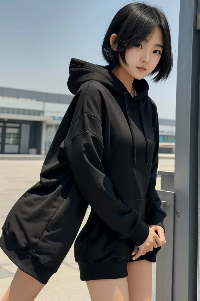 Fair tall lean body with hooded eyelashes eyes good eyebrows little facial hair with small pink lips and good define jaw and nose wearing black sleeveless hoodie jacket with black jeans with straight skilly black hair