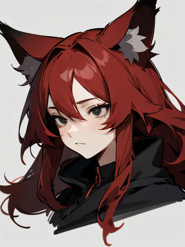 woman Messy red wavy tied long hair, stunning anime face portrait, looking to nothing, womanly, bland expressionless, black high detailed thin eyes, black eyes, grayard grey background, high detailed shadow, avoid human ears, big red fox ears