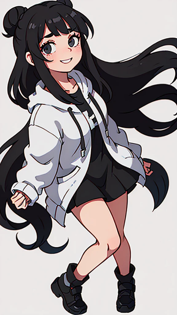 cute girl with long black hair in a bun wearing an oversized grey hoodie smiling shyly. White background. fullbody. no clipping. 