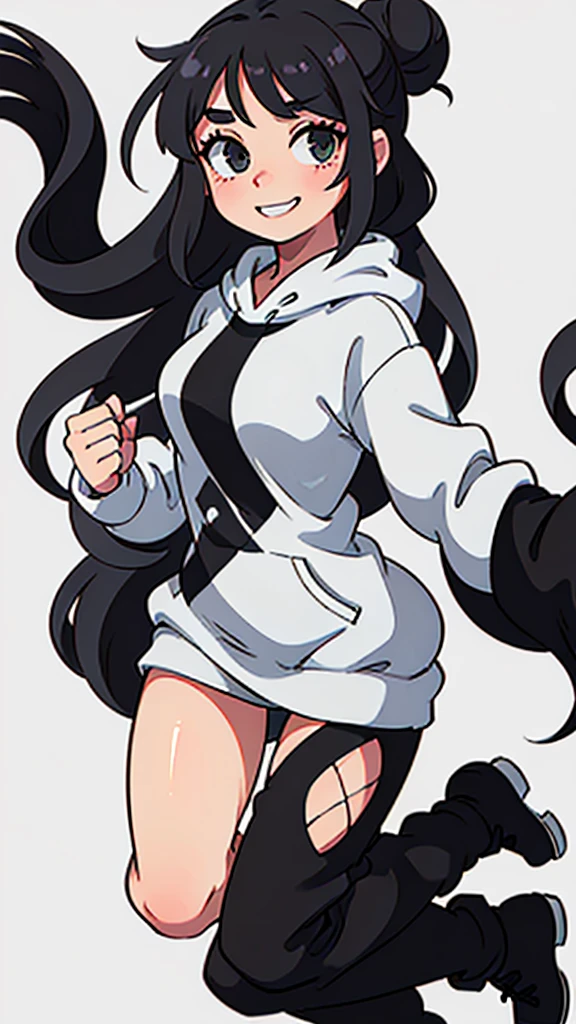 cute girl with long black hair in a bun wearing an oversized grey hoodie smiling shyly. White background. fullbody. no clipping.