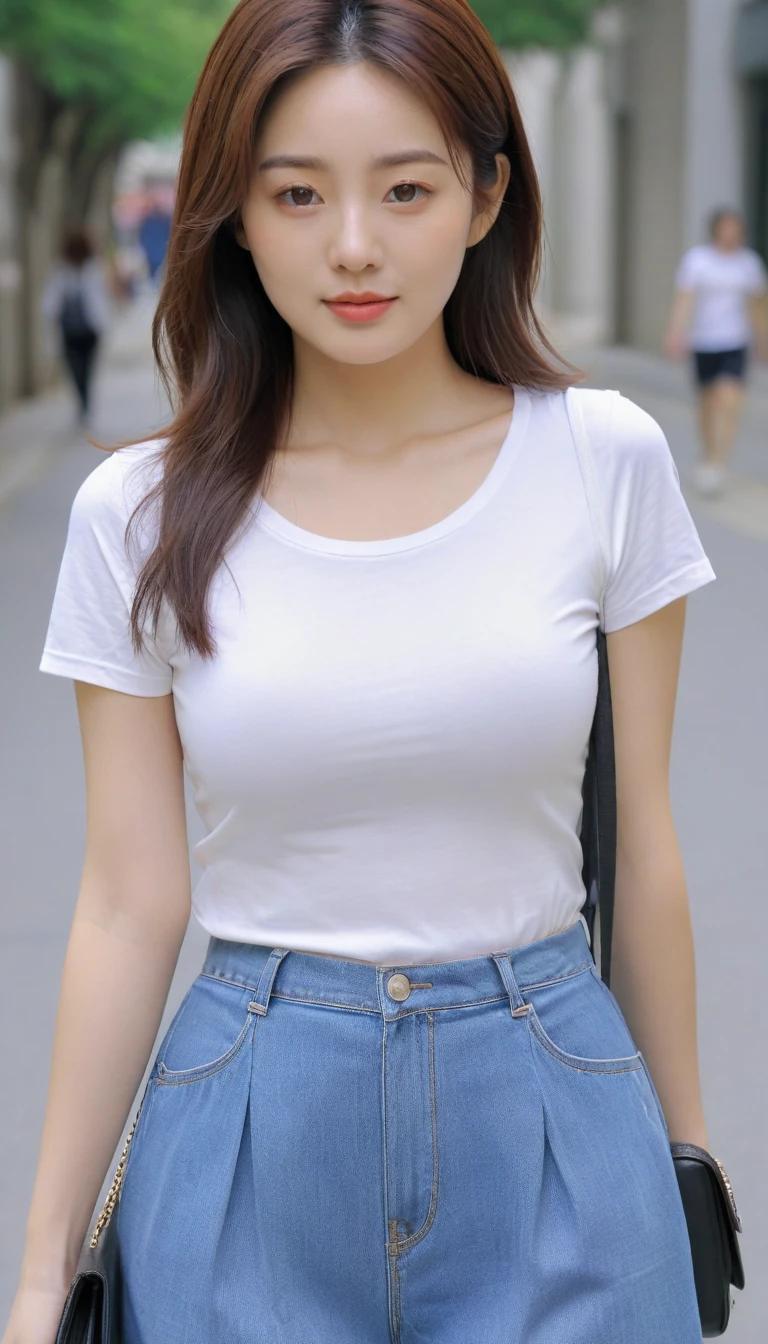 close-up of beautiful korean female, 34 inch breasts size, wearing t-shirt, holding mini bag, on the street, UHD