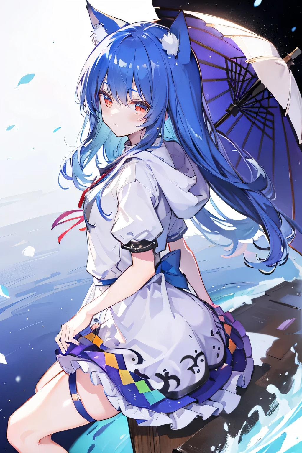(masterpiece:1.2),Super detailed,lifelike,Expressive eyes,fair skin,perfect face shape,1 girl,
Japanese comics,Gorgeous blue hair,flowing blue hair,flowing clothes,Cat ears,Petals fall,beautiful lola,Baby Angel,
Shaking head with one hand,Cross your legs,Gentle and peaceful background,The pavilion is cool and comfortable,smile, wearing hoodie, background of tokyo,back views,snowing, winter,maid outfit。