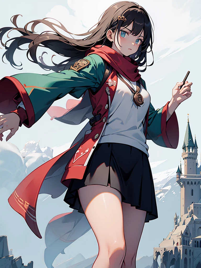 Himecut, large breast, Hogwarts, mechanical right leg,mechanical left arm, Hogwarts school clothes, griffindor, hand hold magic wand, harry Potter, scarfs griffindor, black hair, long tail hair, 