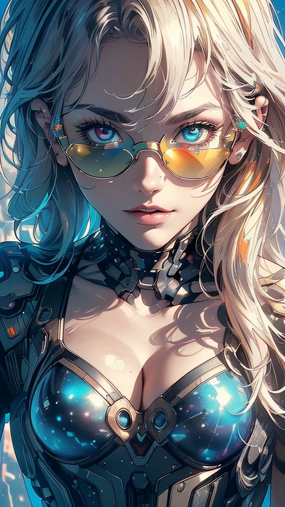 (((masterpiece, highest quality))),(((solo:1.2))),(((1girl:1.2))),32k wallpaper, very detailed,(((((portfolio))))),(((((Close-up))))),(((((bust up))))),((((more various angle)))),(((highlight))),((((heterochromia)))),(((complete. detailed face))),((((Extremely talented)))),((((Wonderfully detailed complicated machine)))),((((genius mechanic)))),((Overall colorfully)),(((futuristic galaxy))),(((perfect clear skinn))),(((Cleavage))),(((sunglasses))),(((reflection neon)))