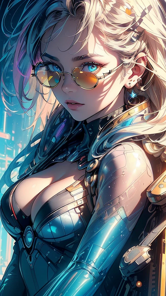 (((masterpiece, highest quality))),(((solo:1.2))),(((1girl:1.2))),32k wallpaper, very detailed,(((((portfolio))))),(((((Close-up))))),(((((bust up))))),((((more various angle)))),(((highlight))),((((heterochromia)))),(((complete. detailed face))),((((Extremely talented)))),((((Wonderfully detailed complicated machine)))),((((genius mechanic)))),((Overall colorfully)),(((futuristic galaxy))),(((perfect clear skinn))),(((Cleavage))),(((sunglasses))),(((reflection neon)))