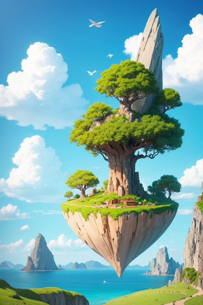 Draw a cartoon-style floating island. The island must be shaped like a triangular piece of land, with green grass on top and rocks visible at the bottom. At the top of the island, draw a large, leafy oak tree. In the sky around, include white and blue clouds and a group of birds flying in formation to the left of the tree. The style should be colorful and fun, with simple lines and a cartoon look."