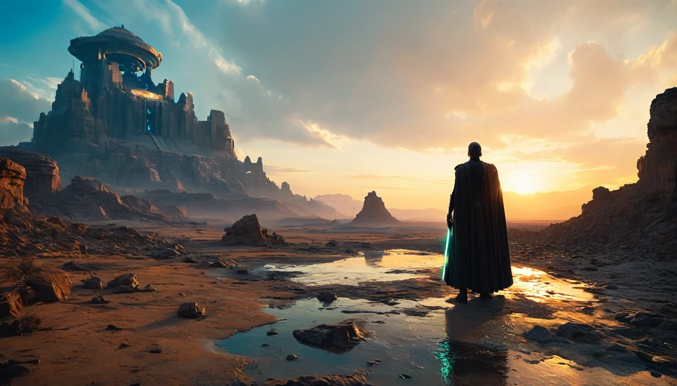 View a vast desert landscape bathed in golden twilight, evoking the iconic Star Wars look. In the center of the scene, a Jedi in a flowing cape stands silhouetted against the orange sky, your glowing blue lightsaber in your hand, pronto para enfrentar qualquer desafio. The ruins of an ancient civilization rise majestically in the background, and the remains of a fallen AT-AT adorn the landscape. The atmosphere is charged with expectation, as if an epic battle was about to begin.hyper realistic composition,32k resolution,cinematic composition,cinematic color grading.photography whit Phaseone 85mm,depth of field.pantones #CEDBE1#D3B9AO#73503C#A6826D#261B17