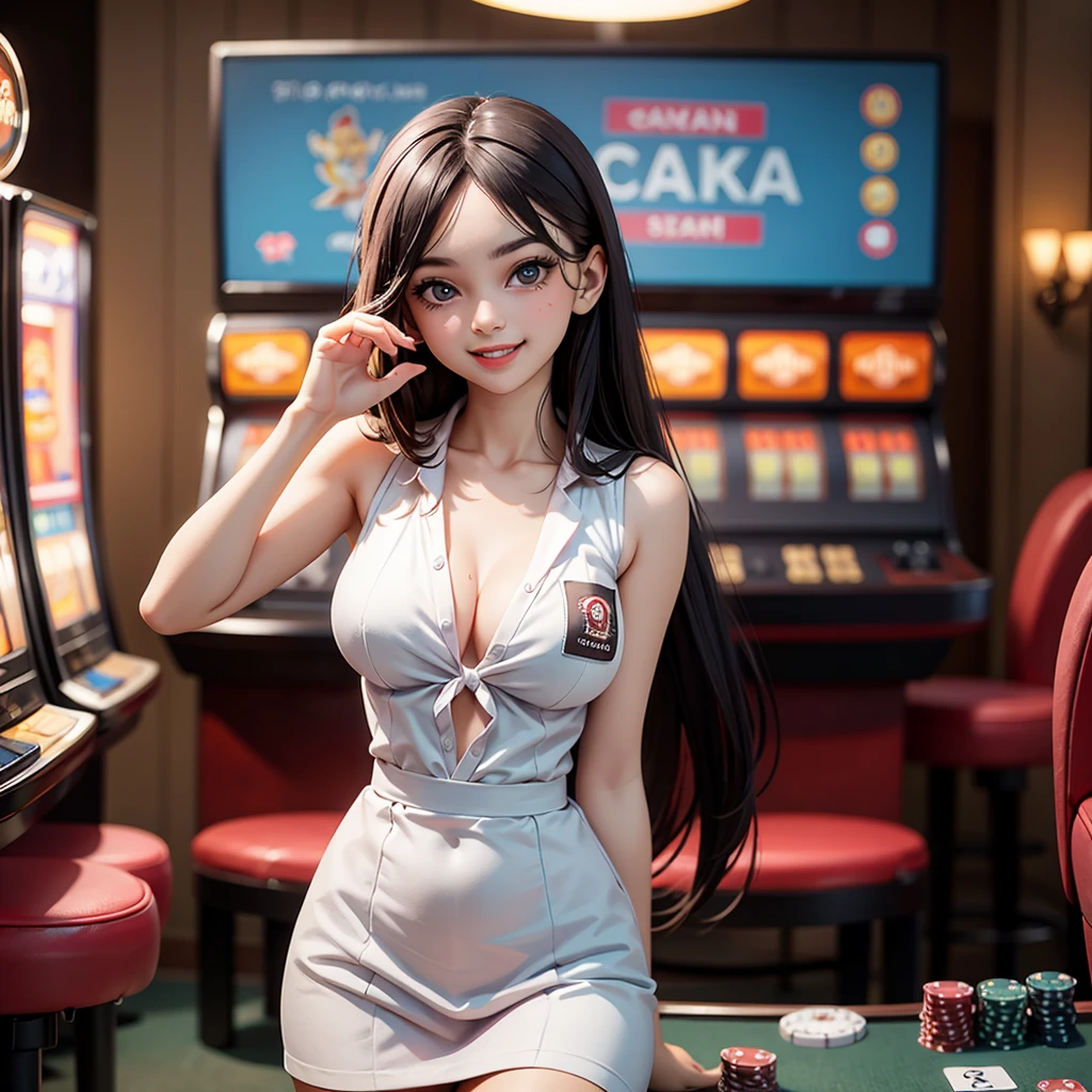 (masterpiece, best quality, high resolution), 19 years old, only one girl, standing and teasing, perfect eyes, laugh, work as casino customer service, gambling, slot machine, baccarat, roulette, offering service, happy smile